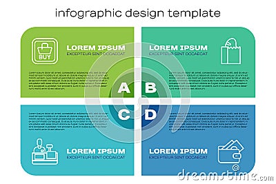 Set line Cashier at cash register, Buy button, Wallet with money and Paper bag bread loaf. Business infographic template Vector Illustration