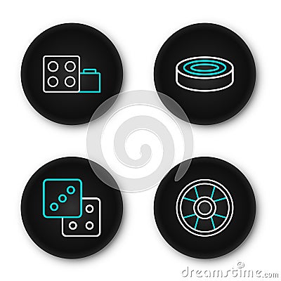 Set line Casino chip, Game dice, Checker game chips and Toy building block bricks icon. Vector Vector Illustration