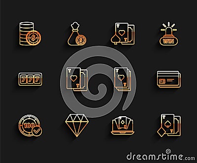 Set line Casino chips, Diamond, with dollar, Online poker table game, Playing card spades, heart, Credit and icon Vector Illustration