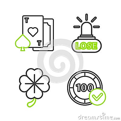 Set line Casino chips, Four leaf clover, losing and Playing card with heart icon. Vector Vector Illustration