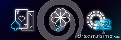 Set line Casino chips, Playing card with heart and Four leaf clover icon. Glowing neon. Vector Stock Photo