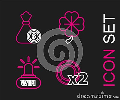 Set line Casino chips, win, Four leaf clover and Money bag and casino icon. Vector Stock Photo
