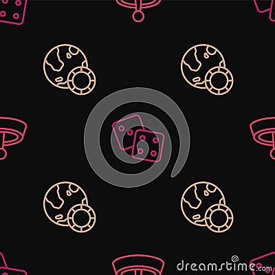 Set line Casino roulette wheel, chips and Game dice on seamless pattern. Vector Stock Photo