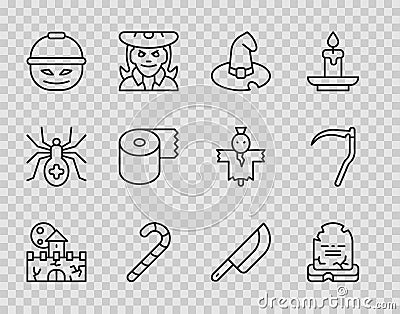 Set line Castle, fortress, Tombstone with RIP written, Witch hat, Christmas candy cane, Pumpkin basket sweets, Toilet Vector Illustration