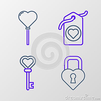 Set line Castle in the shape of a heart, Key, Heart tag and Balloons form icon. Vector Vector Illustration