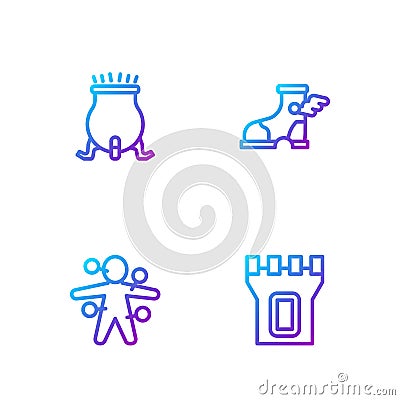 Set line Castle tower, Voodoo doll, Witch cauldron and Hermes sandal. Gradient color icons. Vector Vector Illustration