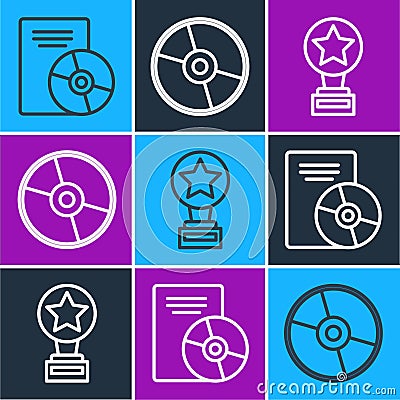 Set line CD or DVD disk, Movie trophy and CD or DVD disk icon. Vector Vector Illustration