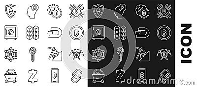 Set line Chain link, Crossed pickaxe, Cryptocurrency coin Bitcoin, Blockchain technology, Safe, Shield Ethereum ETH and Vector Illustration