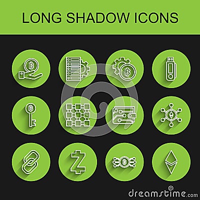 Set line Chain link, Cryptocurrency coin Zcash ZEC, Hand holding Bitcoin, bitcoin circle with microchip circuit Vector Illustration