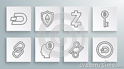 Set line Chain link, Shield Ethereum ETH, Bitcoin think, Cryptocurrency key, Dash, Zcash ZEC, and icon. Vector Editorial Stock Photo