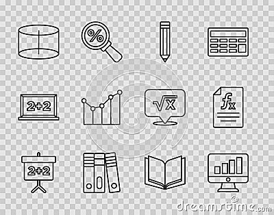 Set line Chalkboard, Computer monitor with graph chart, Pencil, Office folders, Geometric figure Cylinder, Graph Vector Illustration