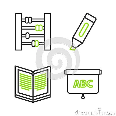 Set line Chalkboard, Open book, Marker and Abacus icon. Vector Vector Illustration