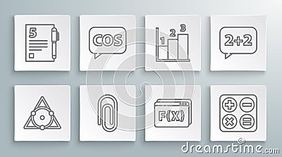 Set line Chalkboard, Tablet with calculator, Book word mathematics, Geometric figure Pentagonal prism, Square root Stock Photo