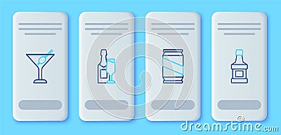 Set line Champagne bottle and glass, Beer can, Martini and Whiskey icon. Vector Vector Illustration