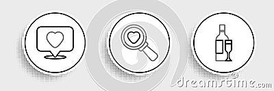 Set line Champagne bottle, Like and heart and Search love icon. Vector Vector Illustration