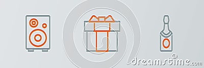 Set line Champagne bottle, Stereo speaker and Gift box icon. Vector Stock Photo
