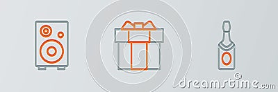 Set line Champagne bottle, Stereo speaker and Gift box icon. Vector Vector Illustration