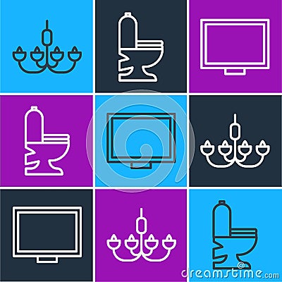 Set line Chandelier, Picture frame on table and Toilet bowl icon. Vector Stock Photo