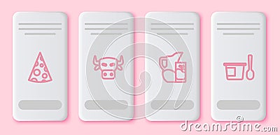 Set line Cheese, Cow head, Milk jug or pitcher and glass and Yogurt container with spoon. White rectangle button. Vector Vector Illustration