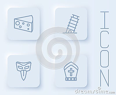 Set line Cheese, Leaning tower in Pisa, Carnival mask and Pope hat. White square button. Vector Stock Photo