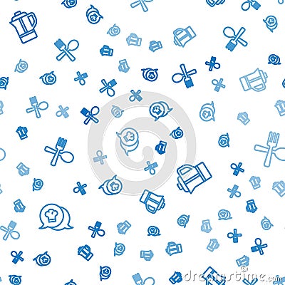 Set line Chef hat in speech bubble, Teapot and Crossed fork and spoon on seamless pattern. Vector Vector Illustration