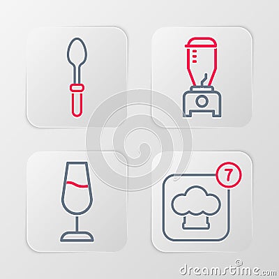 Set line Chef hat, Wine glass, Blender and Teaspoon icon. Vector Vector Illustration