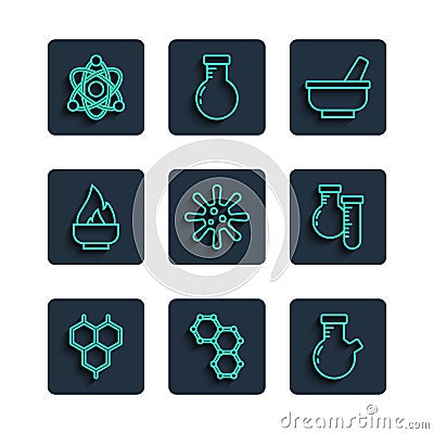 Set line Chemical formula, Test tube and flask, Mortar pestle, Bacteria, Alcohol spirit burner, Atom and icon. Vector Vector Illustration