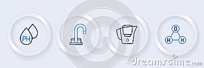 Set line Chemical formula water H2O, Water jug with filter, tap and drop icon. Vector Vector Illustration