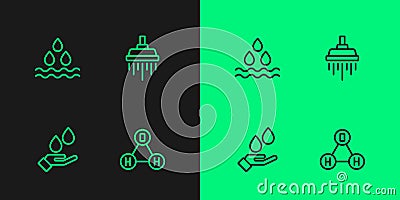 Set line Chemical formula water H2O, Washing hands with soap, Water drop and Shower icon. Vector Vector Illustration