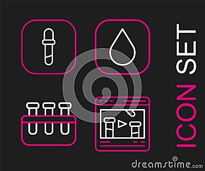 Set line Chemical online, Test tube and flask, Water drop and Pipette icon. Vector Vector Illustration