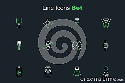 Set line Chess, Badminton shuttlecock, Weight, Fitness shaker, Smart watch with heart, Volleyball ball, Kayak and paddle Vector Illustration