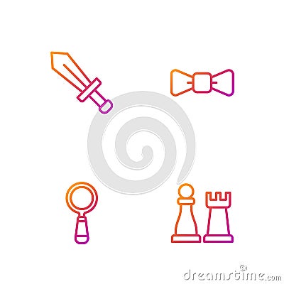 Set line Chess, Magnifying glass, Sword for game and Bow tie. Gradient color icons. Vector Vector Illustration