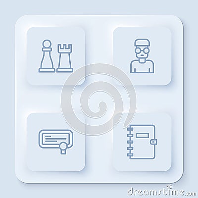 Set line Chess, Nerd geek, Certificate template and Spiral notebook. White square button. Vector Stock Photo