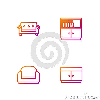 Set line Chest of drawers, Armchair, Sofa and Library bookshelf. Gradient color icons. Vector Vector Illustration