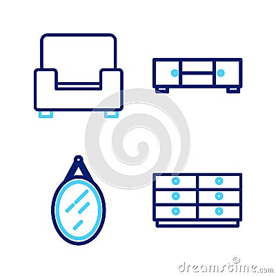 Set line Chest of drawers, Mirror, and Armchair icon. Vector Vector Illustration