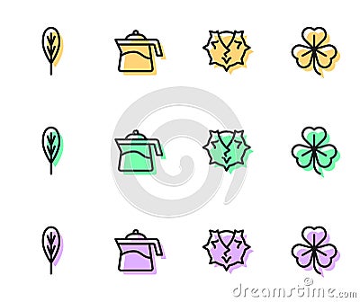 Set line Chestnut, Leaf, Teapot and Clover icon. Vector Stock Photo