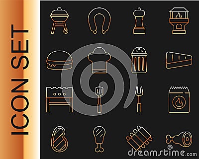 Set line Chicken leg, Barbecue coal bag, Steak meat, Pepper, Chef hat, Burger, grill and Salt icon. Vector Stock Photo