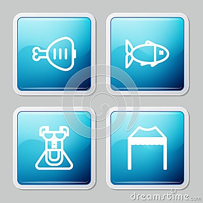 Set line Chicken leg, Fish, Costume for women dirndl and Camping tent icon. Vector Stock Photo