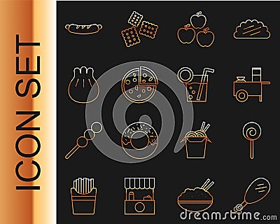 Set line Chicken leg, Lollipop, Fast street food cart, Apple, Pizza, Khinkali on cutting board, Hotdog sandwich and Stock Photo