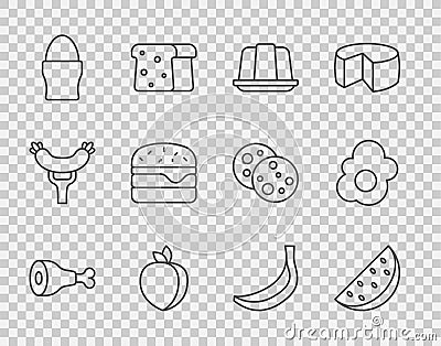 Set line Chicken leg, Watermelon, Jelly cake, Plum fruit, egg stand, Burger, Banana and Scrambled icon. Vector Stock Photo