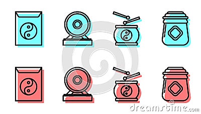 Set line Chinese drum, Yin Yang and envelope, Gong and Jar of honey icon. Vector Vector Illustration