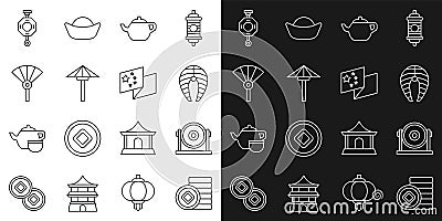 Set line Chinese Yuan currency, Gong, Fish steak, ceremony, Japanese umbrella from the sun, or japanese folding fan Vector Illustration