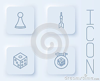 Set line Chip for board game, Dart arrow, Game dice and . White square button. Vector Stock Photo