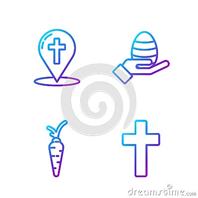 Set line Christian cross, Carrot, Map pointer with christian cross and Human hand and easter egg. Gradient color icons Vector Illustration