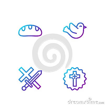 Set line Christian cross, Crusade, Bread loaf and Dove. Gradient color icons. Vector Vector Illustration