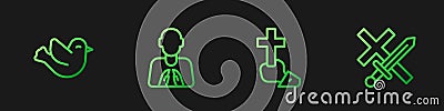 Set line Christian cross, Dove, Hands in praying position and Crusade. Gradient color icons. Vector Vector Illustration