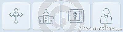 Set line Christian cross, Online church pastor preaching, Church building and Priest. White square button. Vector Vector Illustration