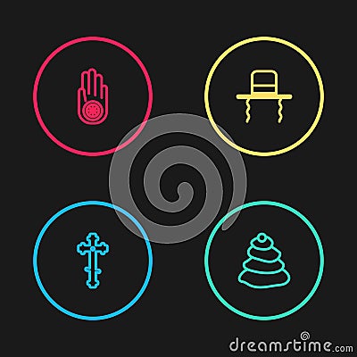 Set line Christian cross, Stack hot stones, Orthodox jewish hat with sidelocks and Jainism or Jain Dharma icon. Vector Stock Photo