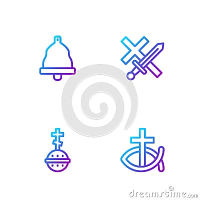 Set line Christian fish, cross, Church bell and Crusade. Gradient color icons. Vector Vector Illustration