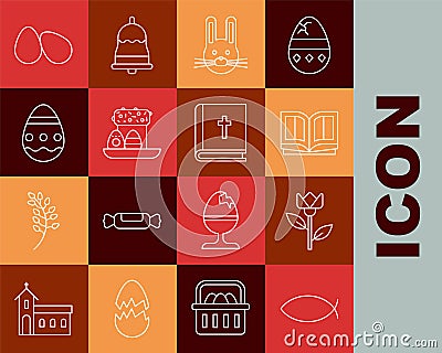 Set line Christian fish, Flower tulip, Holy bible book, Easter rabbit, cake and eggs, and icon. Vector Vector Illustration